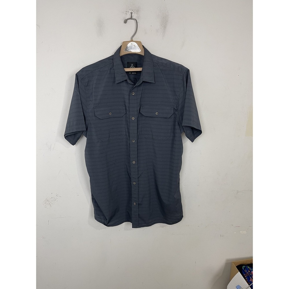 Prana‎ Mens LRG Gray Plaid Short Sleeve Button Up Shirt 100% Polyester